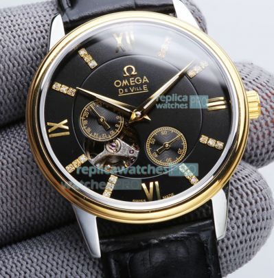 Super Replica Omega De Ville Black Dial Black Leather Strap Yellow Gold Bezel 39mm